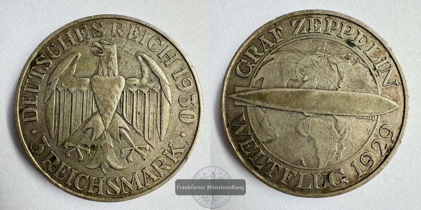  Dt. Reich 3 Reichsmark (Graf Zeppelin) 1930 FM-Frankfurt KM#67 Feinsilber: 7,5g   
