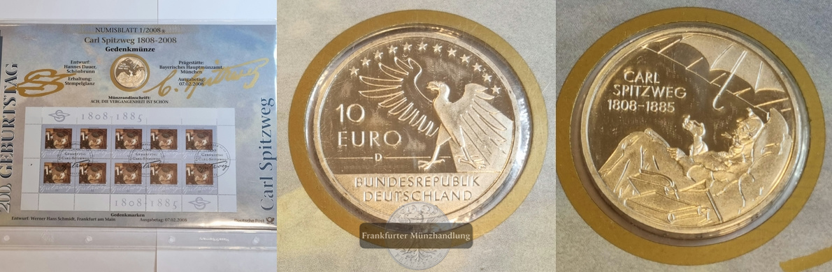  Deutschland 10 Euro 2008 Carl Spitzweg (& Briefmarken) FM-Frankfurt Feinsilber: 16,65g   