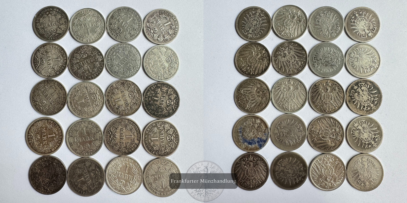  Dt. Kaiserreich 20x 1 Mark Silbermünzen div. Jg. FM-Frankfurt Feinsilber: 100g   