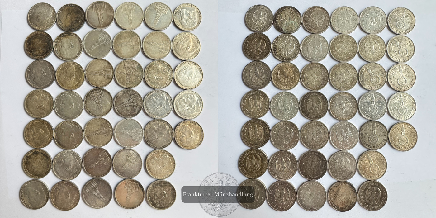 Dt. Reich 40x 5 Reichs-/ Mark div. Jg. und Motive FM-Frankfurt Feinsilber: 500g   