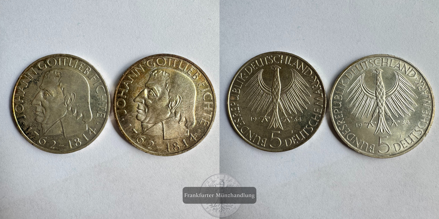  Deutschland 2x 5 Mark 1964 J 150. Todestag v. Johann Gottlieb FM-Frankfurt KM#118 Feinsilber: 14g   