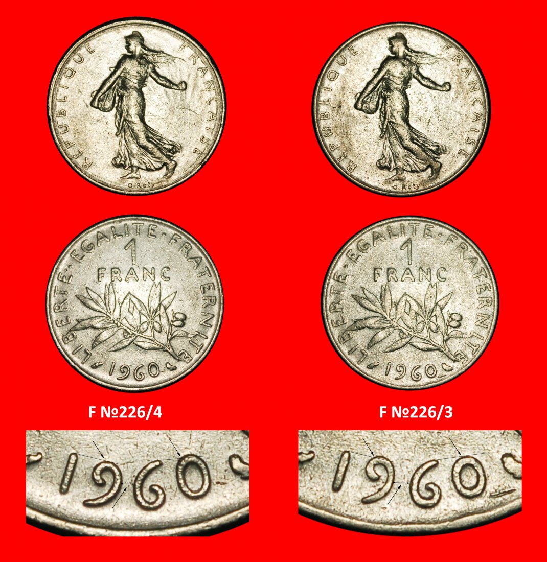 Ⰿ SUN (1960-2001): FRANCE ★ 1 FRANC 1960! SOWER ERROR! BOTH TYPES!★LOW START★ NO RESERVE!