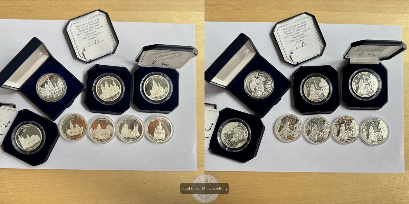  Deutsche Silbermedaillen 8x div. Motive (4x mit Etui) FM-Frankfurt Feinsilber: 119g   