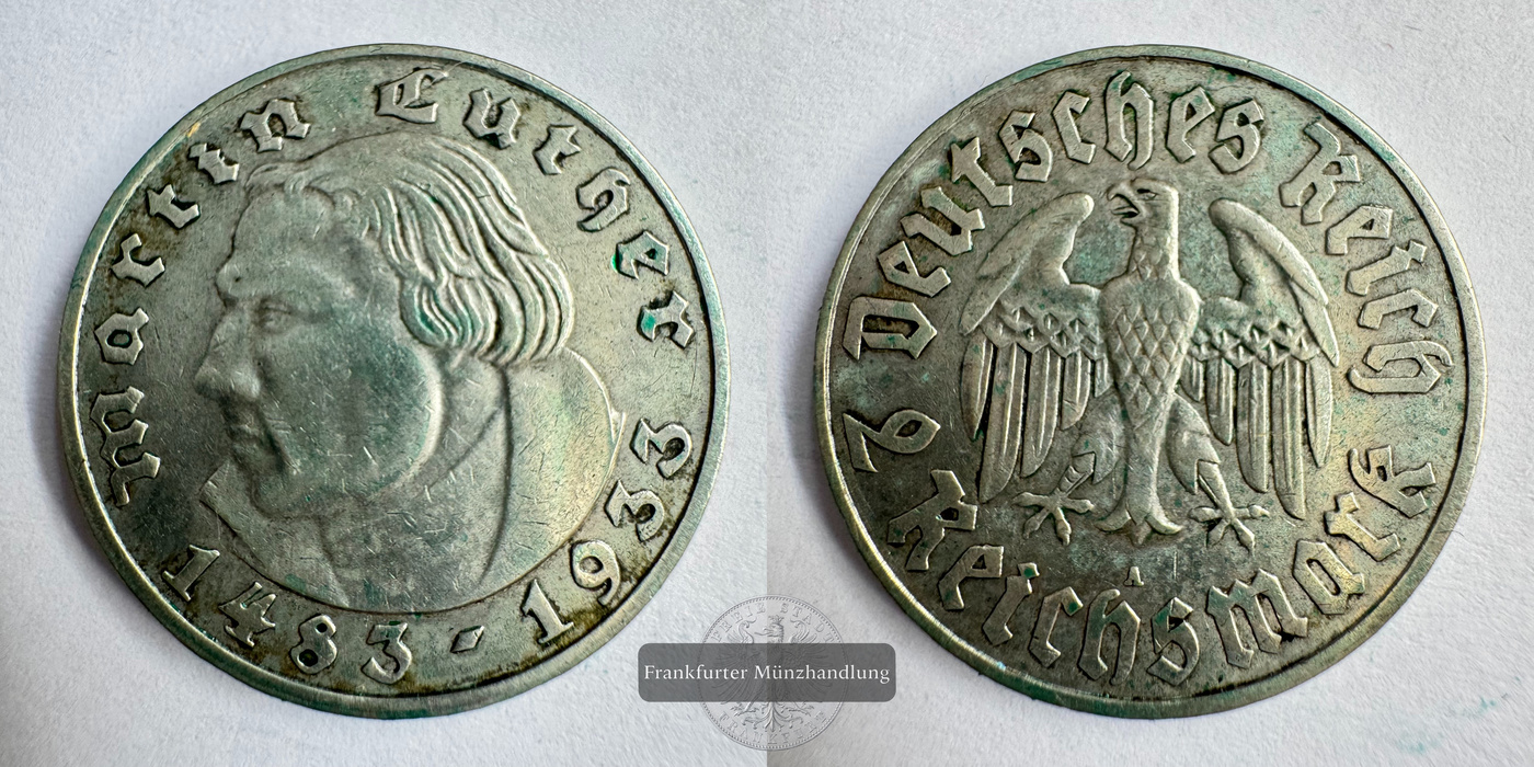  Deutschland Drittes Reich 2 Reichsmark 1933 A Martin Luther FM-Frankfurt Feinsilber: 5g   