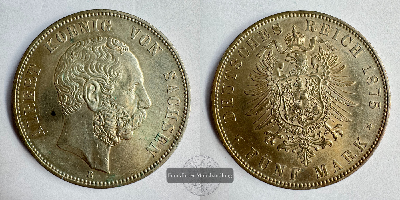  Dt. Kaiserreich. Sachsen 5 Mark 1876 (1875-89) König Albert E FM-Frankfurt KM#1237 Feinsilber: 25g   