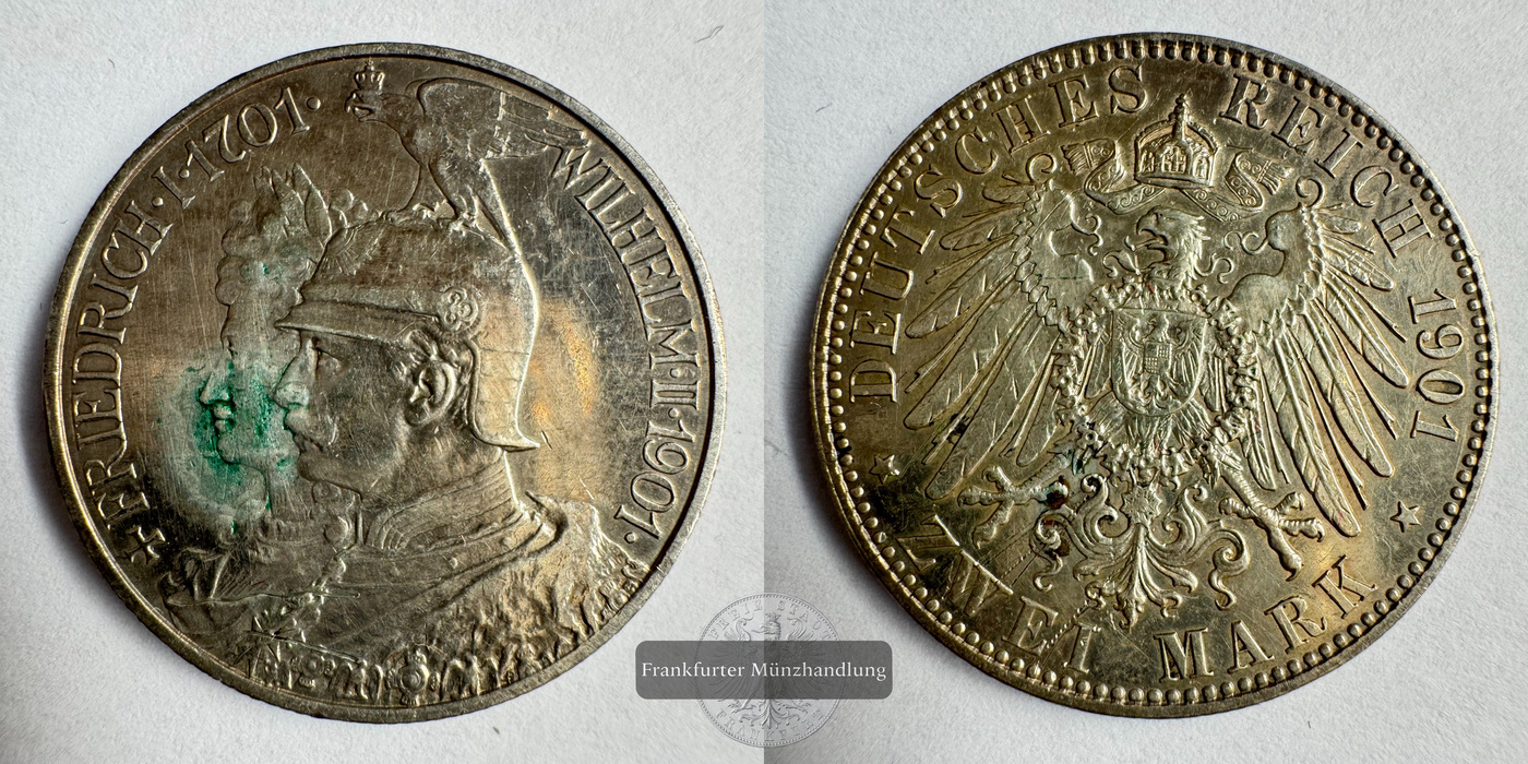  Dt. Kaiserreich 2 Mark 1901 200 Jahre Preußen FM-Frankfurt KM#525 Feinsilber: 10g   