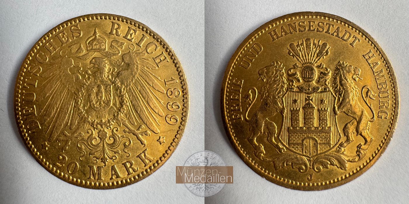 Deutsches Kaiserreich. Hamburg MM-Frankfurt KM#618 Feingold: 7,17g 20 Mark (1893-1913) 1899 J