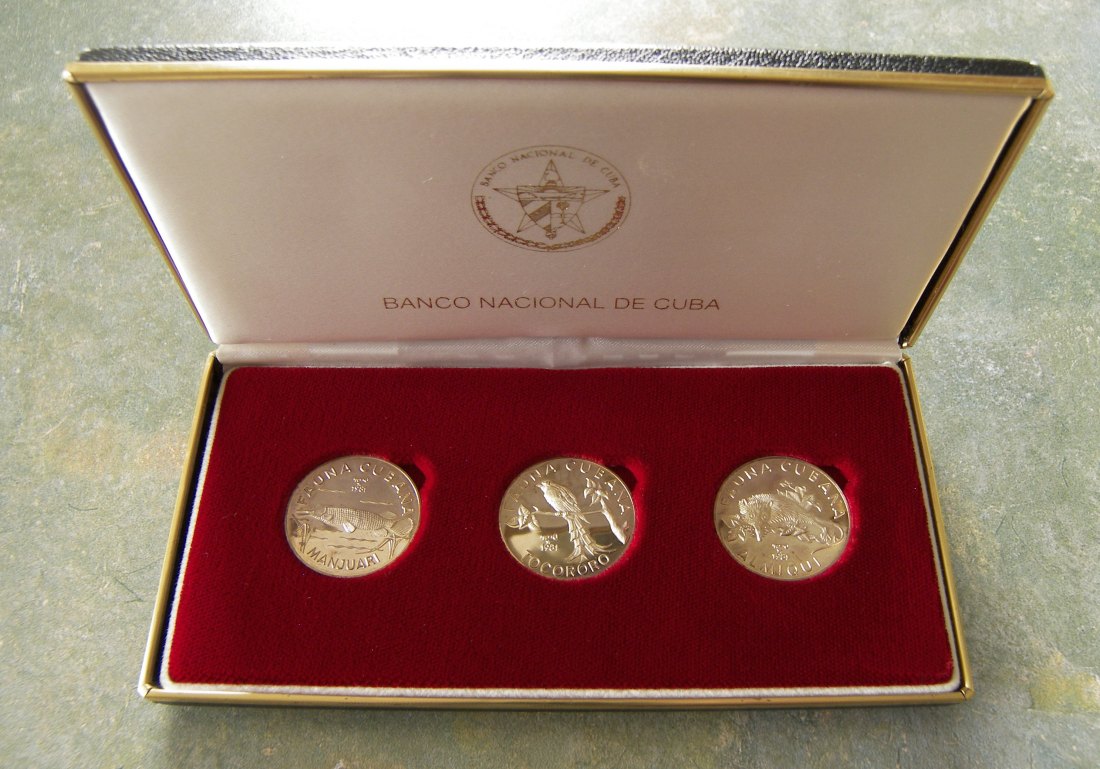  Kuba 3 x 5 Pesos 1981 Fauna-Set Manjuari, Tocororo und Almiqui Silber PP SEHR SELTEN !!   