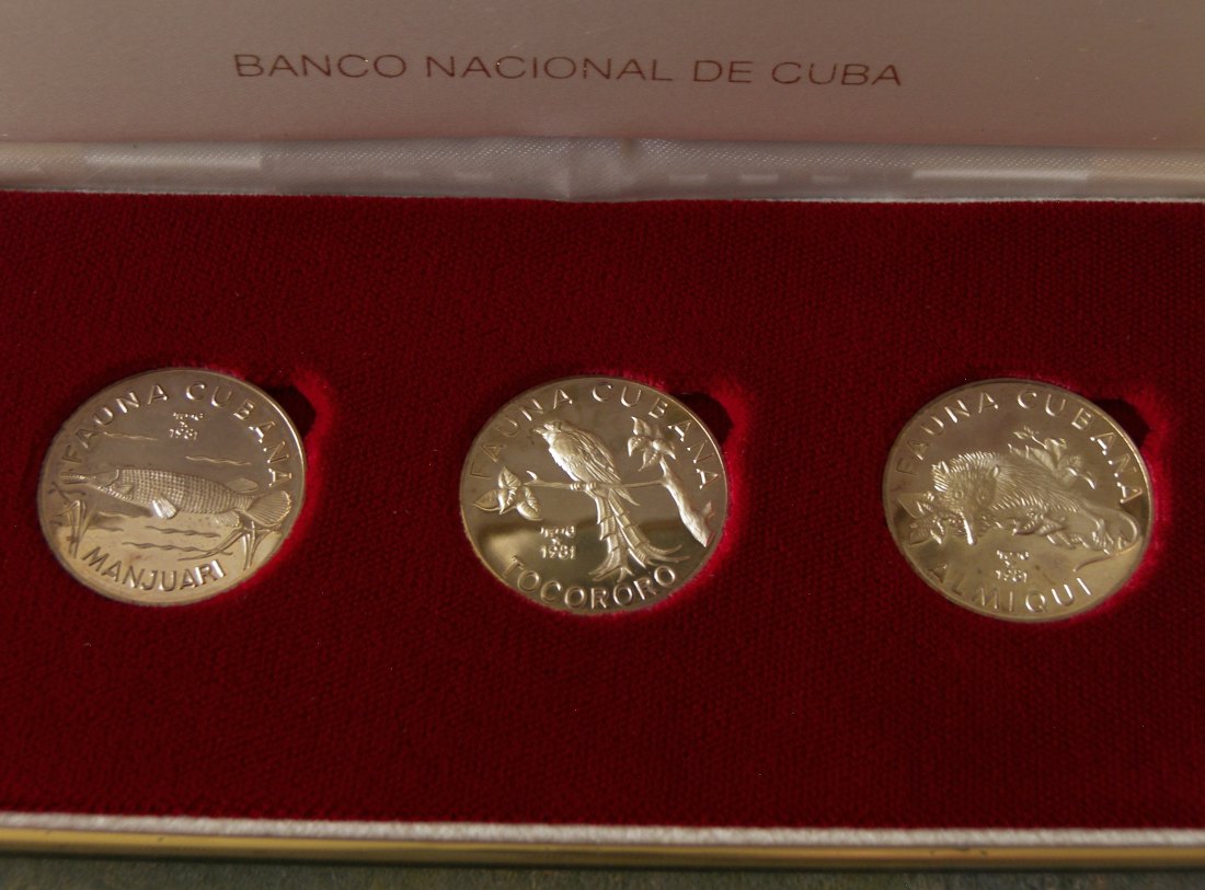  Kuba 3 x 5 Pesos 1981 Fauna-Set Manjuari, Tocororo und Almiqui Silber PP SEHR SELTEN !!   