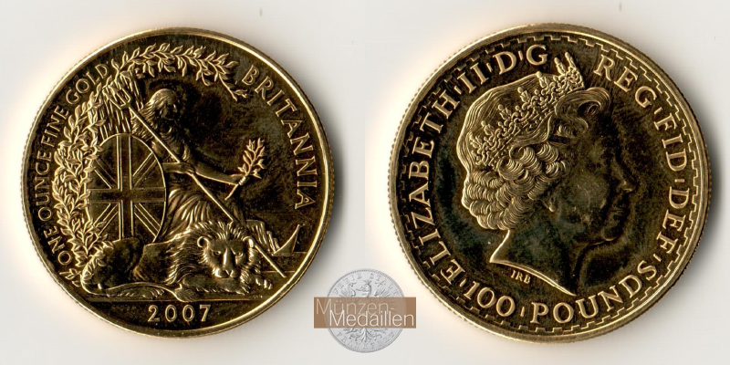 Grossbritannien    100 Pounds MM-Frankfurt Feingold: 31,1g Bitannia 2007