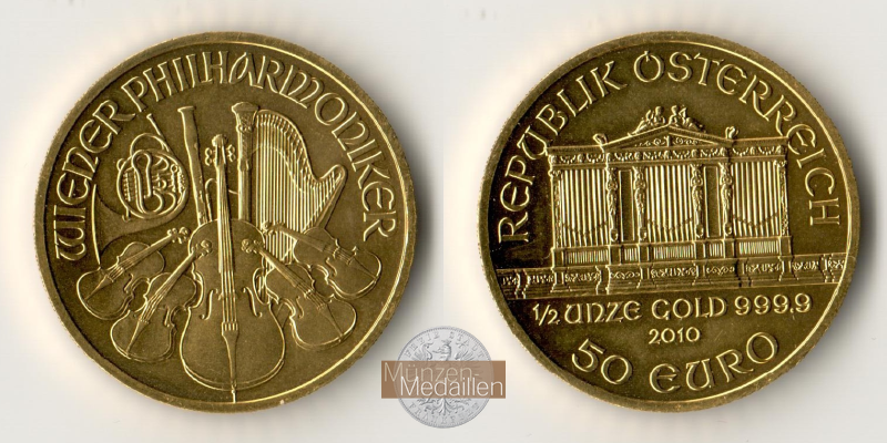 Österreich,   50 Euro MM-Frankfurt  Feingold: 15,5g Wiener Philharmoniker 2010