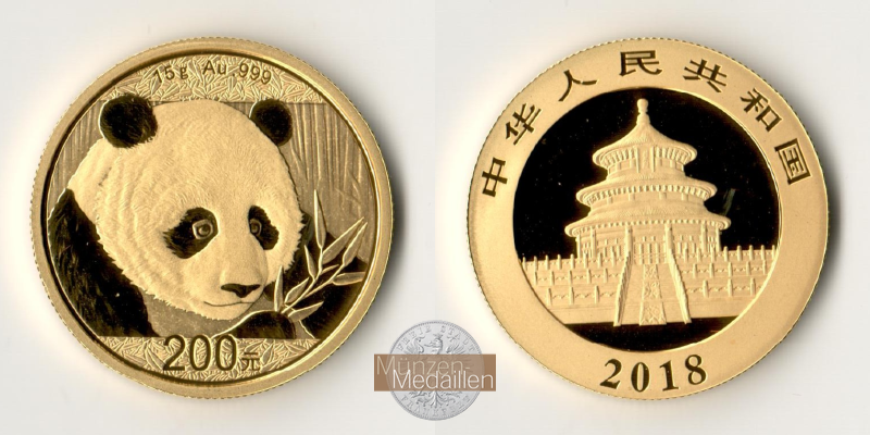 China  200 Yuan MM-Frankfurt Feingoldt: 15g Pandabär 2018