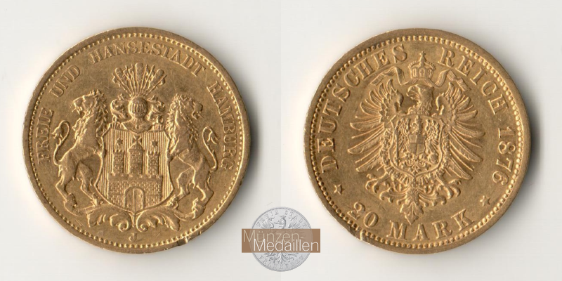 Hamburg, Kaiserreich  20 Mark MM-Frankfurt Feingold: 7,17g  1876 J
