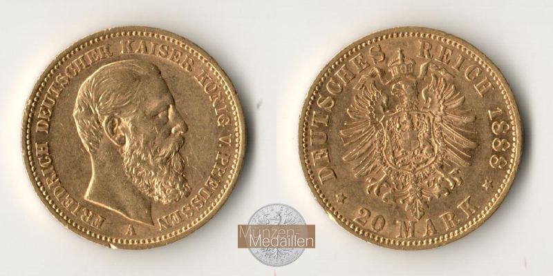 Dt. Kaiserreich Preussen, Friedrich III MM-Frankfurt KM#515 Feingold: 7,17g 20 Mark 1888 A