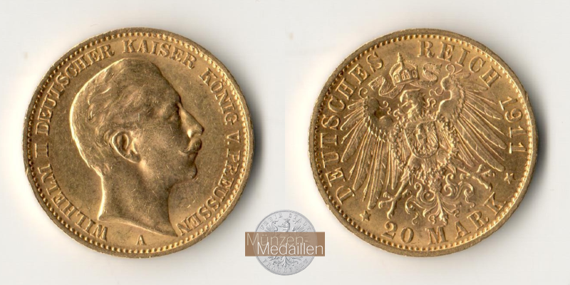 Dt. Kaiserreich, Preussen. Wilhelm II. MM-Frankfurt Feingold: 7,16g 20 Mark 1911 A