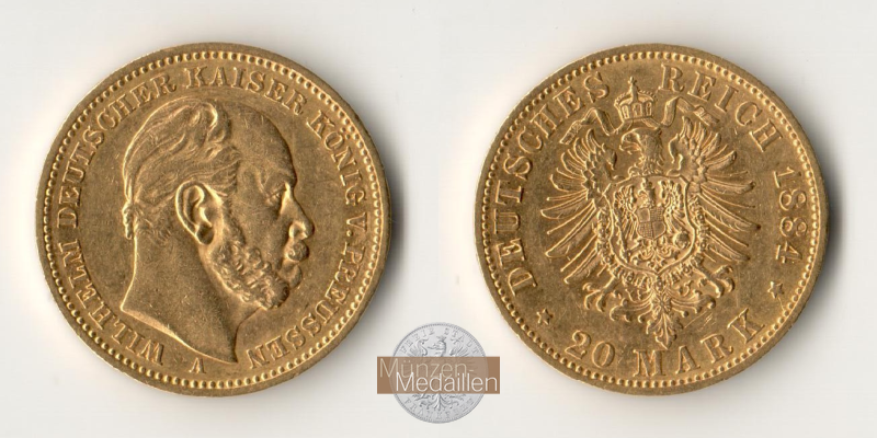 Deutsches Kaiserreich - Preussen MM-Frankfurt Feingold: 7,17g Wilhelm I. 20 Mark 1884 A