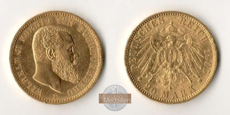 Würtemberg. Wilhelm II. 1891-1918. MM-Frankfurt Feingewicht: 7,17g Gold 20 Mark 1905 F