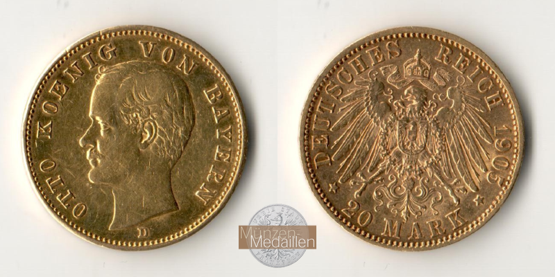 Deutsches Kaiserreich. Bayern, Otto. MM-Frankfurt Feingold: 7,17g 20 Mark 1905 D