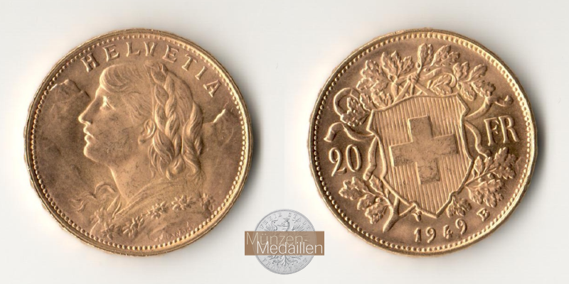 Schweiz  20sFR MM-Frankfurt Feingold: 5,81g Vreneli 1949 B