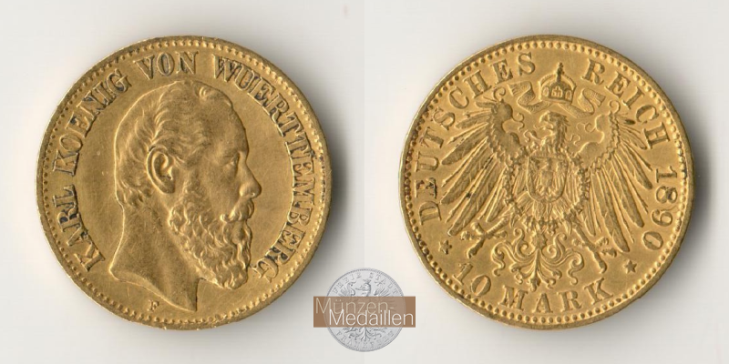 Würtemberg, Kaiserreich MM-Frankfurt Feingold: 3,58g 10 Mark König Karl 1890 F