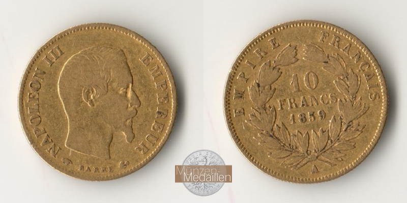 Frankreich  10 Francs MM-Frankfurt Feingold: 2,90g Napoleon III. 1852-1870 1859 A 