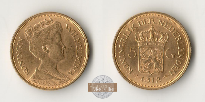 Niederlande, Wilhelmina MM-Frankfurt KM#151 Feingold: 3,02g 5 Gulden 1912