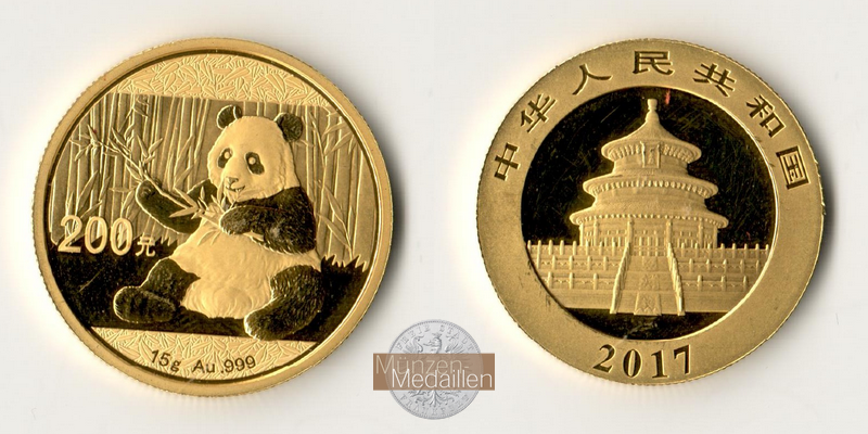China  200 Yuan MM-Frankfurt Feingoldt: 15g Panda 2017 