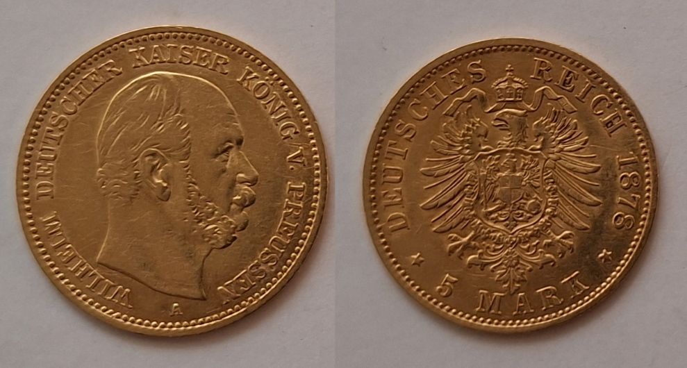  Deutsches Kaiserreich Preußen 5 Mark Wilhelm I. 1878 A Feingold 1,99 g   
