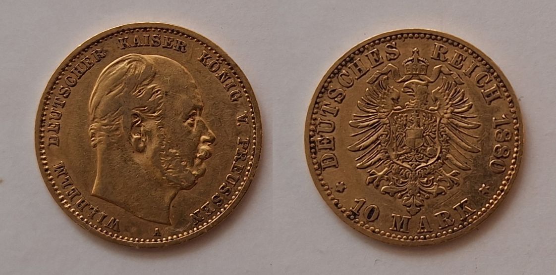 Deutsches Kaiserreich Preußen 10 Mark Wilhelm I. 1880 A, Feingold 3,98 g