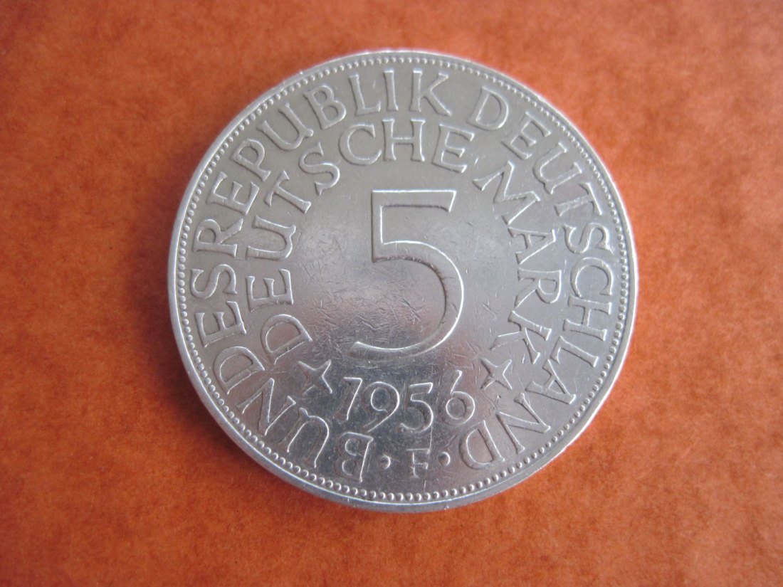 Deutschland 5 DM 1956 F Silberadler, 625er Silber, sehr schön