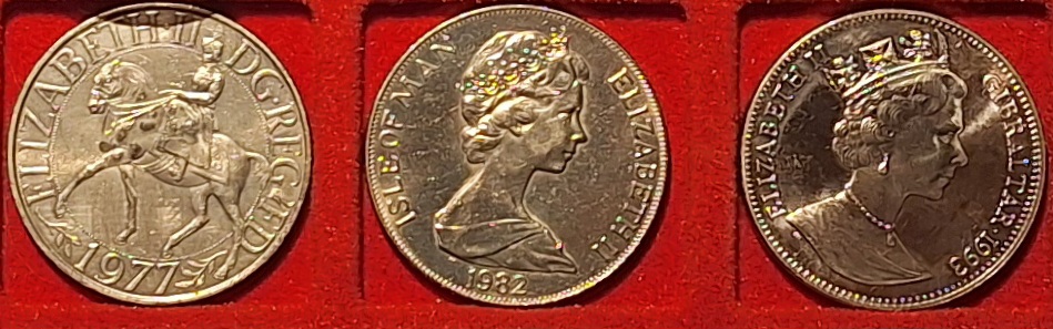  GB, 1 Crown, 1977 Elisabeth II Jahrestag, Isle of Man 1982 Gibraltar 1993 Gewicht 85g   