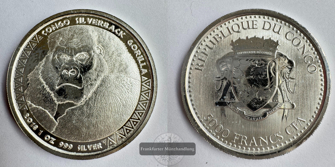  Rep. Kongo 5000 Francs CFA (Congo Silverback Gorilla) 2018 FM-Frankfurt KM#263 Feinsilber: 31,1g   