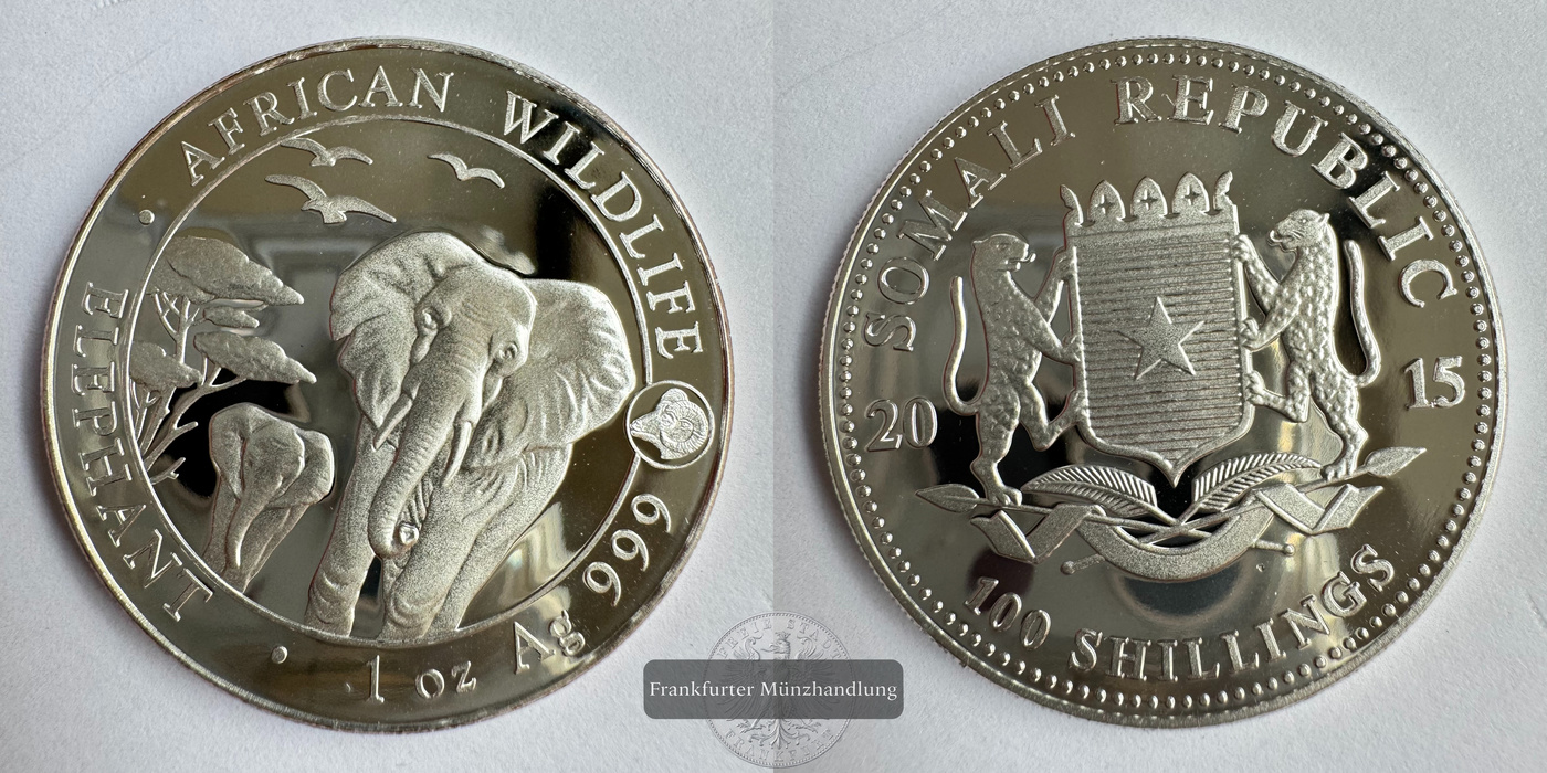  Somalia 100 Shillings (Elephant) Widder Privy Mark 2015 FM-Frankfurt KM#255 Feinsilber: 31,1g   