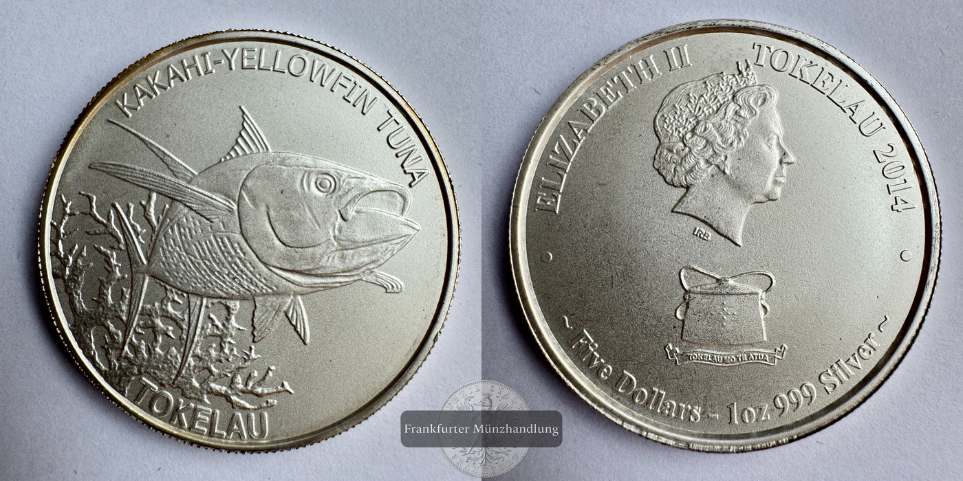  Tokelau 5 Dollars Elizabeth II (Yellowfin Tuna) 2014 FM-Frankfurt KM#75 Feinsilber: 31,1g   