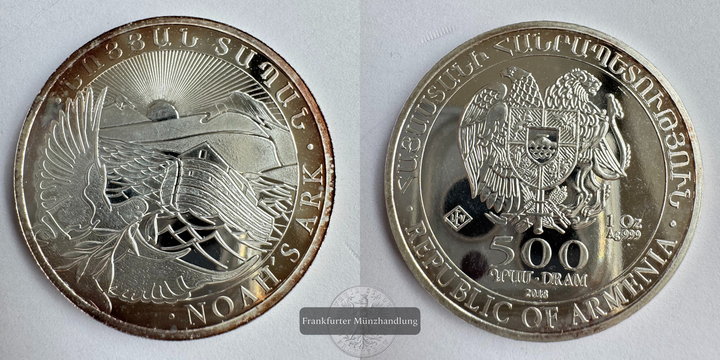  Armenien 500 Dram 2018 (2011-2025) Arche Noah FM-Frankfurt KM#196 Feinsilber: 31,1g   