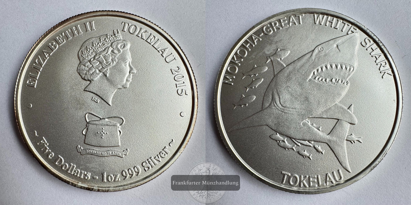  Tokelau 5 Dollars (Mokoha-Great White Shark) 2015 FM-Frankfurt KM#86 Feinsilber: 31,1g   