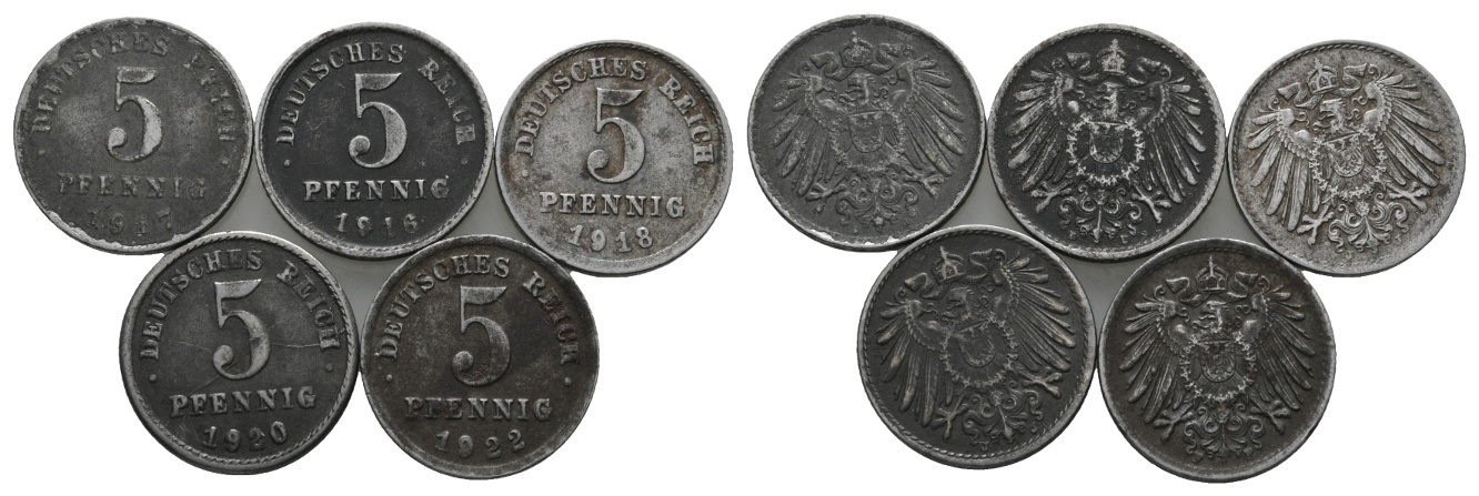 Deutsches Reich; Kaiserreich; 5x 5 Pfennig 1916-1922