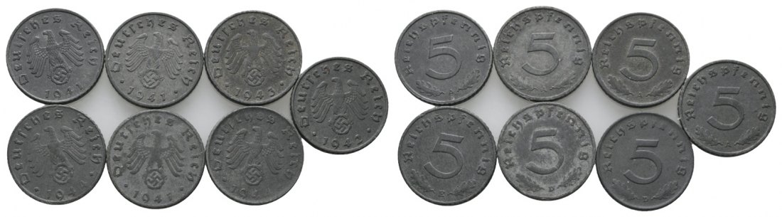  Deutsches Reich; Drittes Reich; 7x 5 Pfennig 1941-1944   