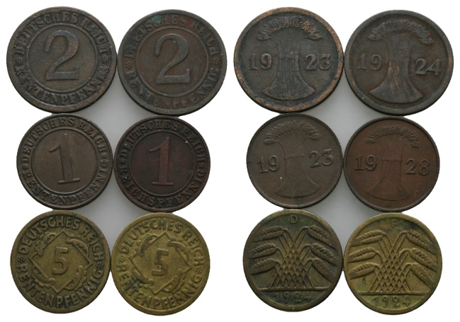 Deutsches Reich; Weimarer Republik; 6 Kleinmünzen   