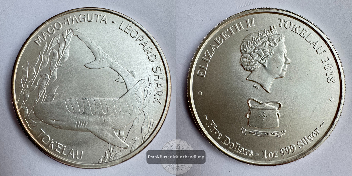  Tokelau 5 Dollars (Leopard Shark) 2018 FM-Frankfurt KM#134 Feinsilber: 31,1g   