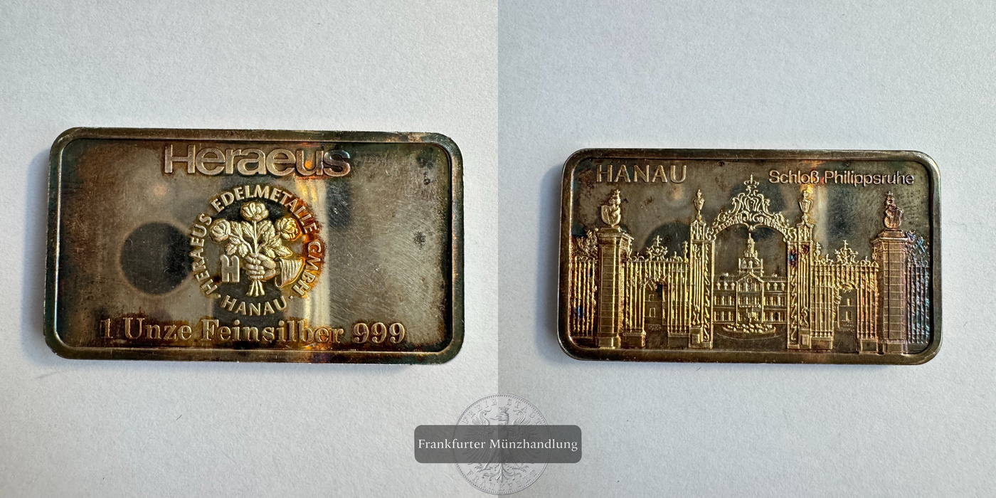  Deutschland Silberbarren 1oz Heraeus(Hanau Schloss Philippsruhe)FM-Frankfurt Feingewicht: 1oz   