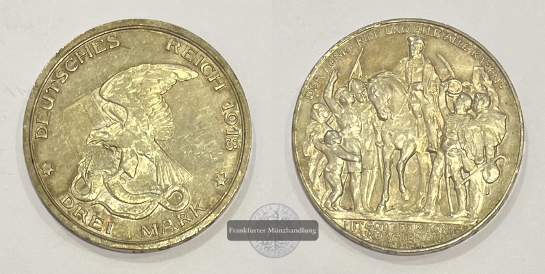 Deutsches Kaiserreich Preussen 3 Mark 1913 Befreiung J#110 FM-Frankfurt Feinsilber: 15g   