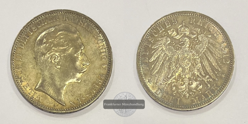  Deutsches Kaiserreich Preussen Wilhelm II. 1888-1918 3 Mark 1912 A FM-Frankfurt Feinsilber: 15g   