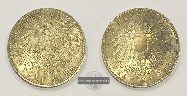  Deutsches Kaiserreich Hamburg 5 Mark 1907 A Freie und Hansestadt FM-Frankfurt Feinsilber: 24,9g   