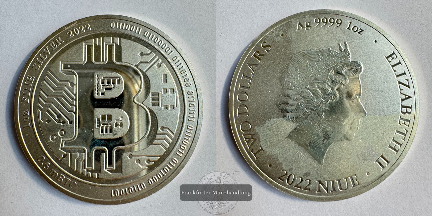  Niue 2 Dollars Elizabeth II (Bitcoin) 2022 FM-Frankfurt KM#4861 Feinsilber: 31,1g   