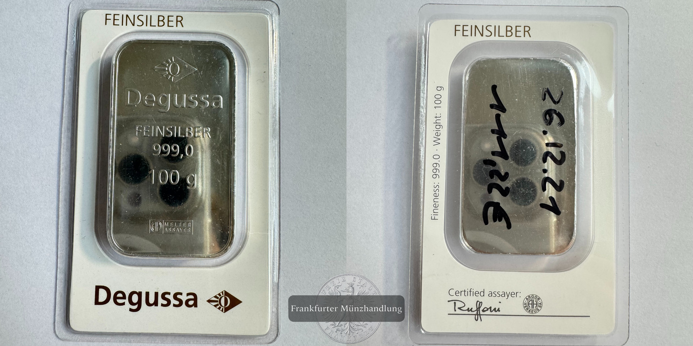  Deutschland Silberbarren 100g Degussa FM-Frankfurt Feinsilber: 99,9g   