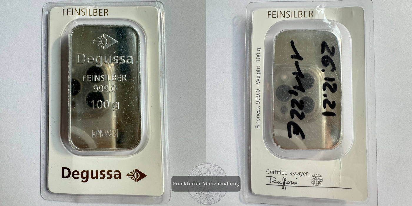  Deutschland Silberbarren 100g Degussa FM-Frankfurt Feinsilber: 99,9g   