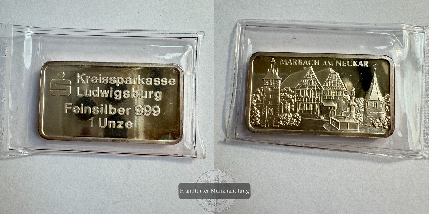  Kreissparkasse, Silberbarren 1 Unze Marbach am Neckar FM-Frankfurt Feinsilber: 31,1g   