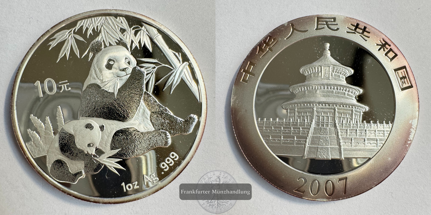  China, 10 Yuan 2007 Panda mit Jungtier FM-Frankfurt KM#1706 Feinsilber: 31,1g   