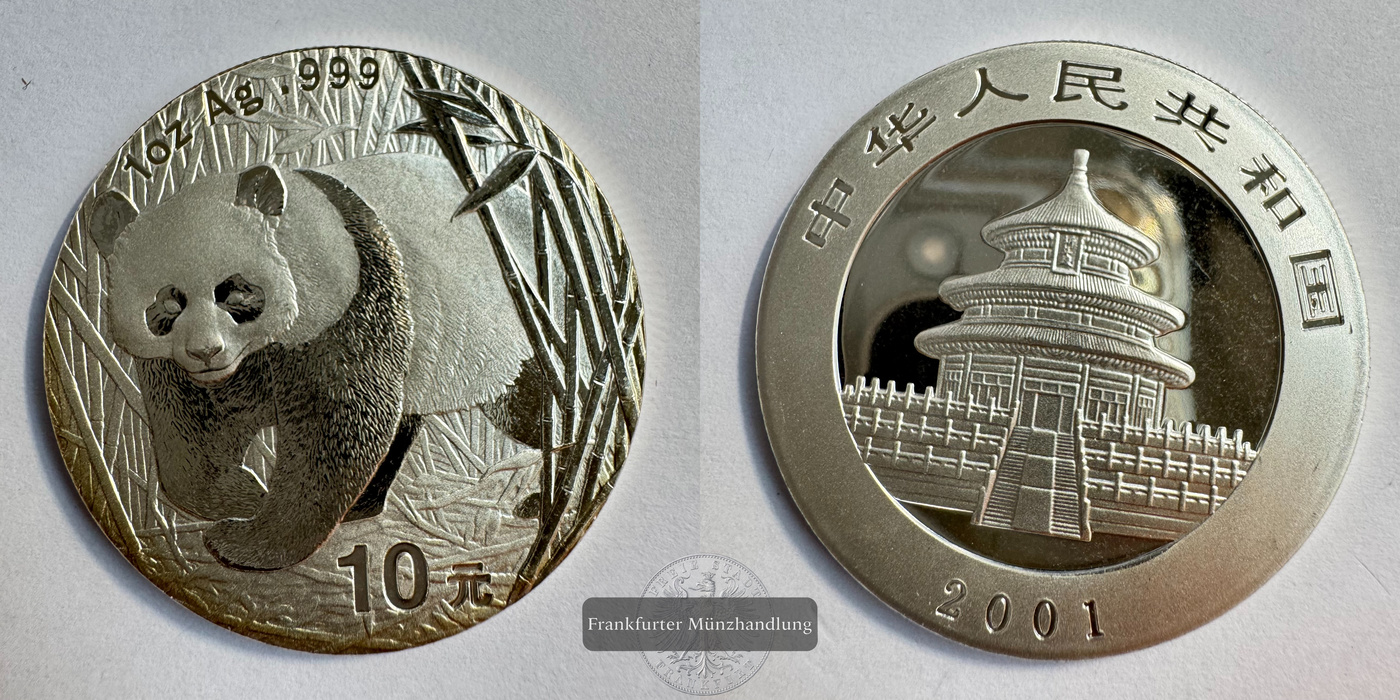  China 10 Yuan 2001 Panda FM-Frankfurt KM#1365 Feinsilber: 31g   
